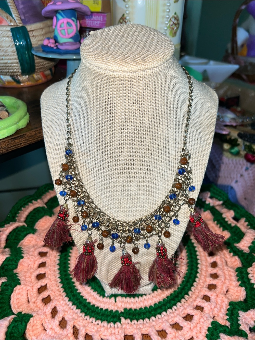 Boho Tassel Statement Necklace with Blue and Brown Beads